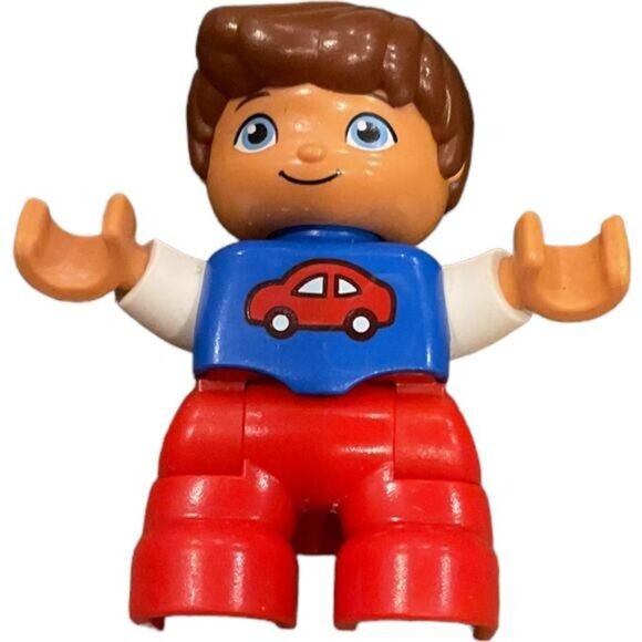 Lego Duplo boy blue shirt red car red pants brown hair replacement - Picture 1 of 5